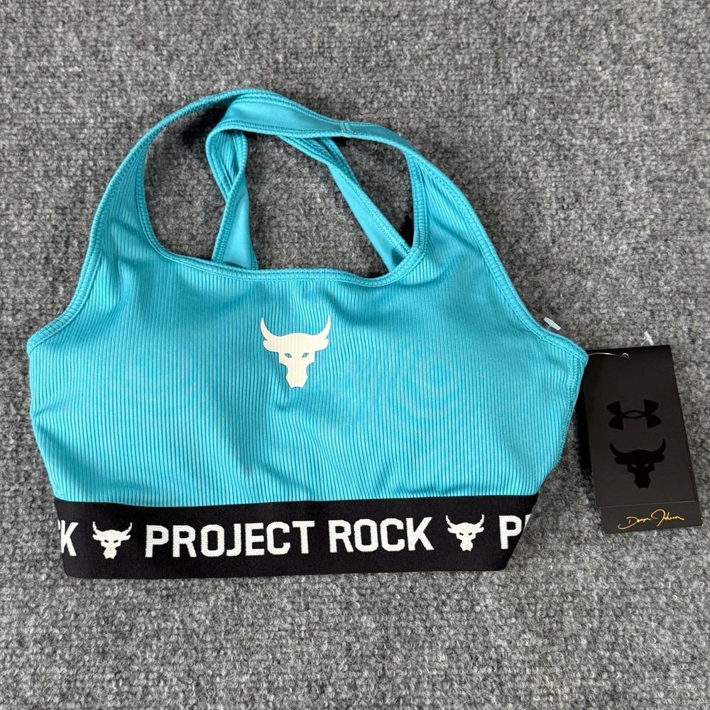 Under Armour‎ Project Rock Women Teal Blue Ribbed Crossback Sports Bra S